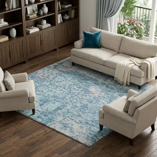 Teal And Silver Abstract Washable Area Rug With UV Protection Photo 1