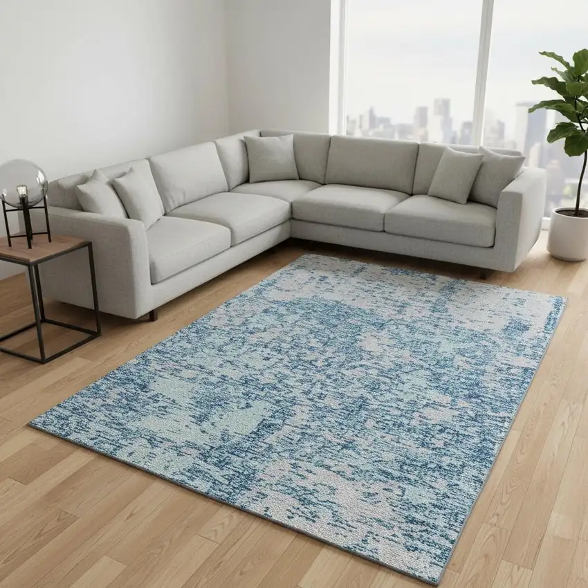 Teal And Silver Abstract Washable Area Rug With UV Protection Photo 2