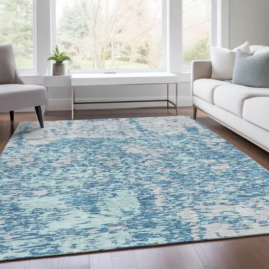Teal And Silver Abstract Washable Area Rug With UV Protection Photo 5