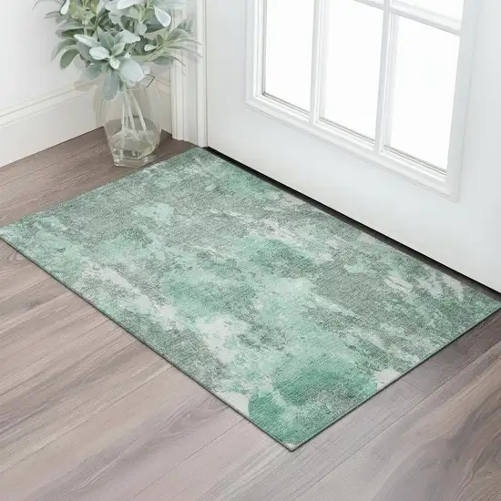 Teal And Silver Abstract Washable Area Rug With UV Protection Photo 2