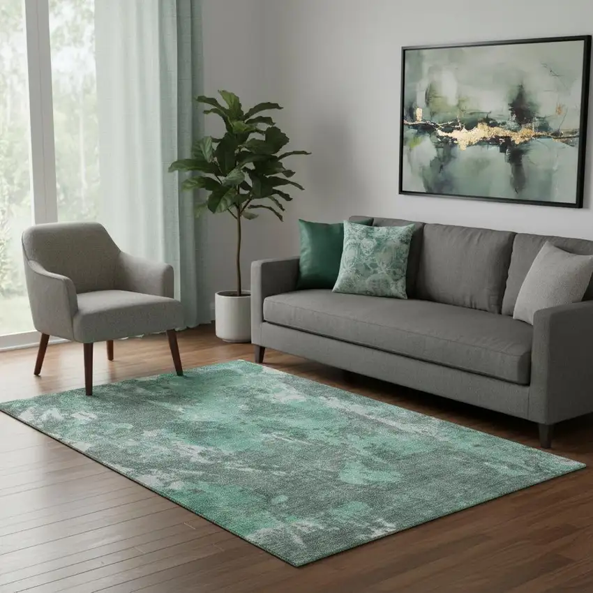 Teal And Silver Abstract Washable Area Rug With UV Protection Photo 2