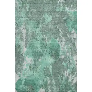 Photo of Teal And Silver Abstract Washable Area Rug With UV Protection