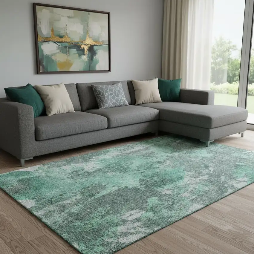 Teal And Silver Abstract Washable Area Rug With UV Protection Photo 2