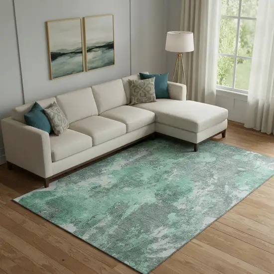 Teal And Silver Abstract Washable Area Rug With UV Protection Photo 2