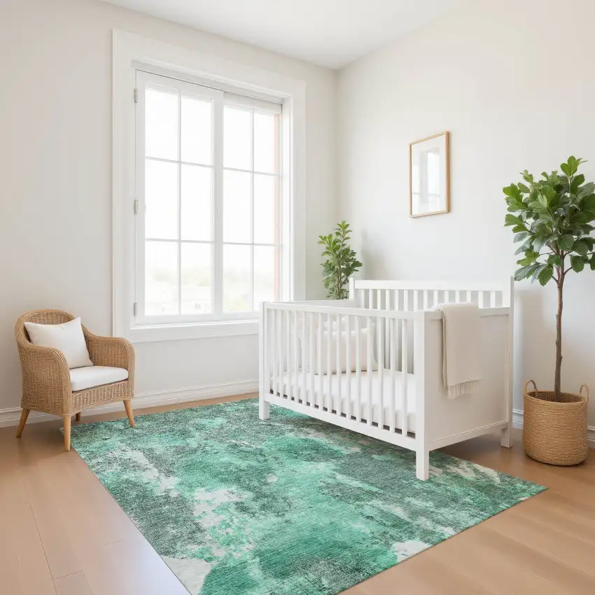 Teal And Silver Abstract Washable Area Rug With UV Protection Photo 5