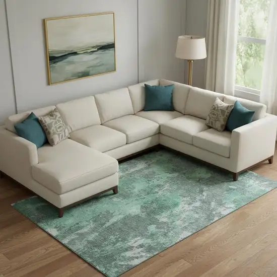 Teal And Silver Abstract Washable Area Rug With UV Protection Photo 2