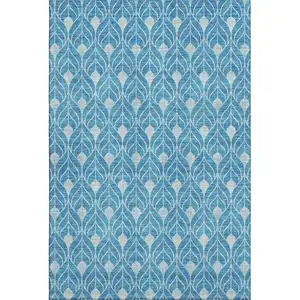 Photo of Teal And Silver Geometric Washable Area Rug With UV Protection