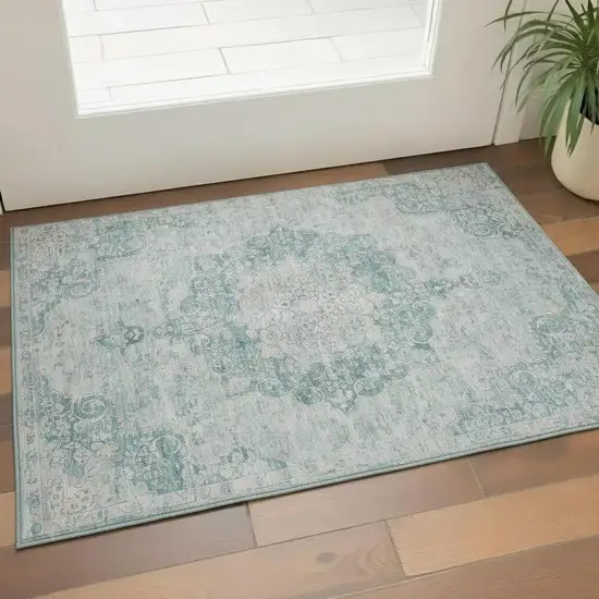 Teal And Silver Oriental Washable Area Rug With UV Protection Photo 2