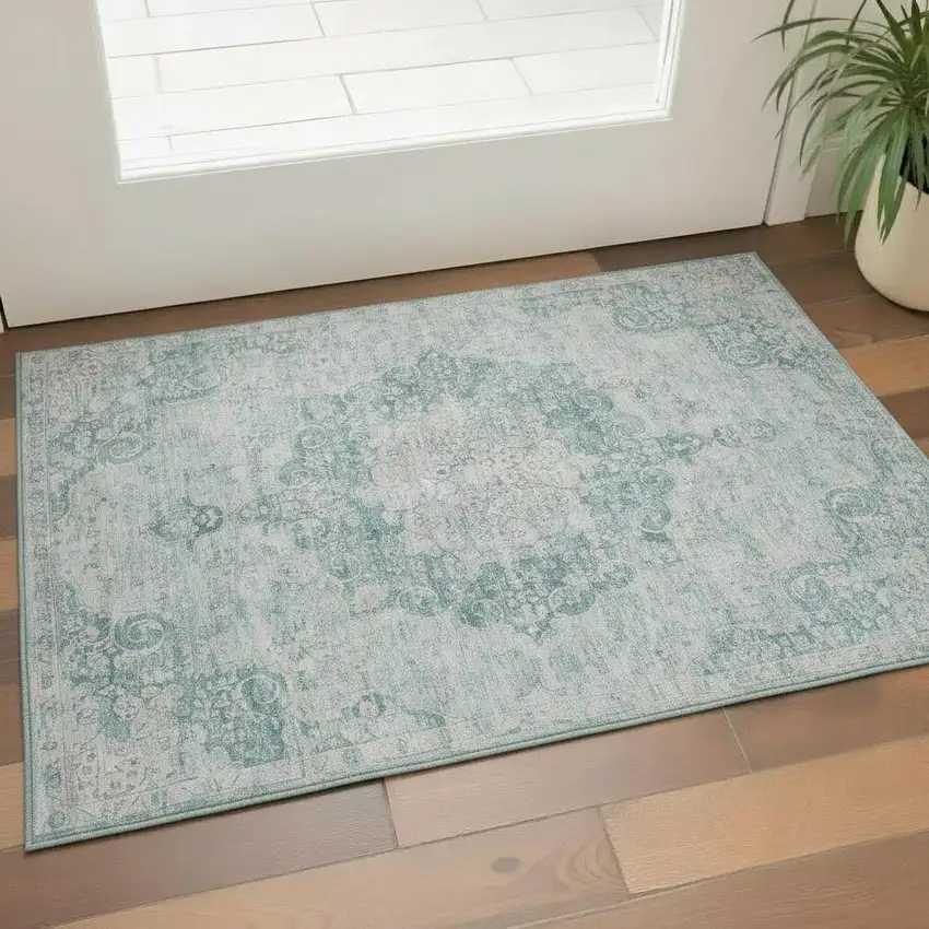 Teal And Silver Oriental Washable Area Rug With UV Protection Photo 2