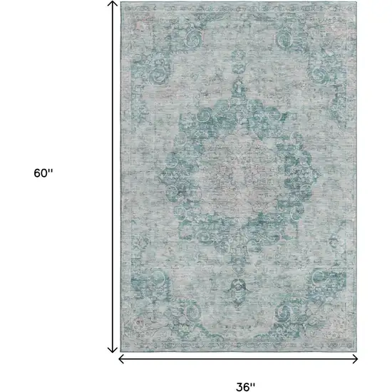 Teal And Silver Oriental Washable Area Rug With UV Protection Photo 3