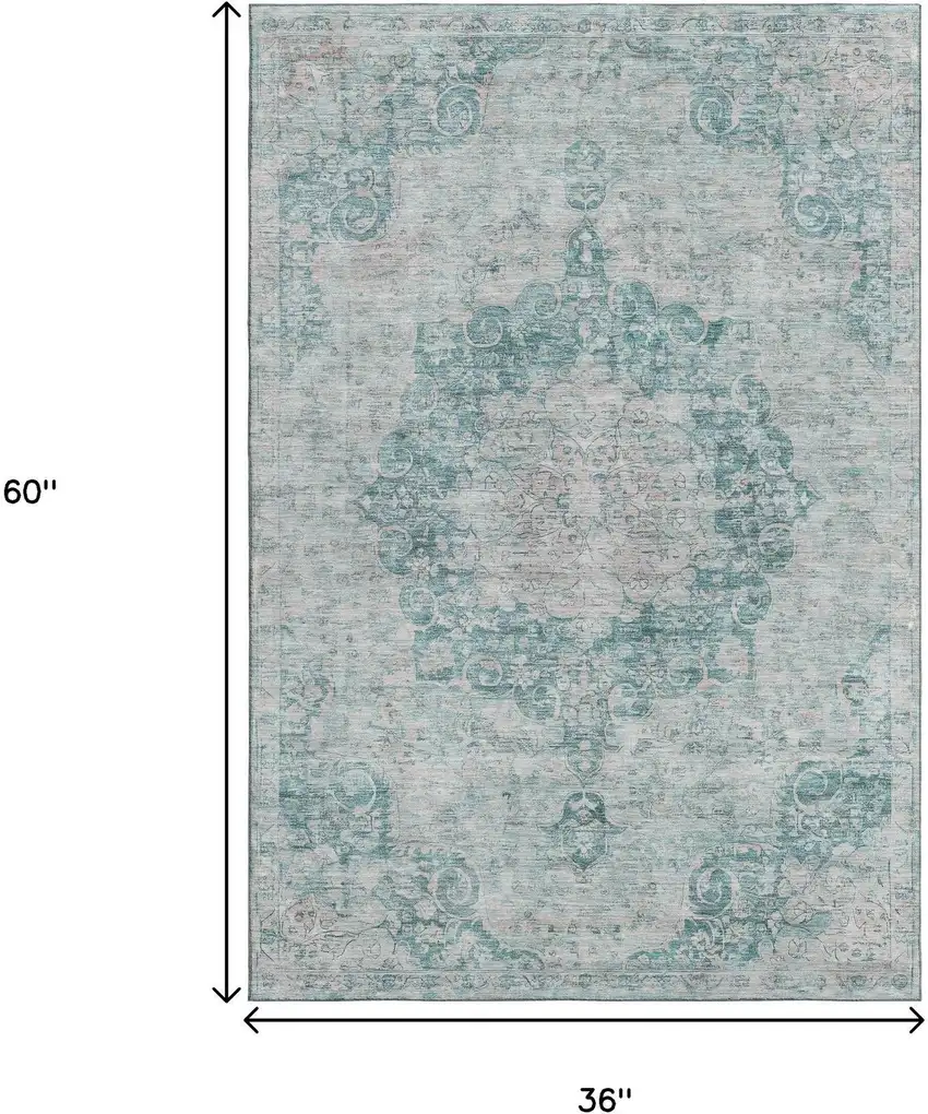 Teal And Silver Oriental Washable Area Rug With UV Protection Photo 3