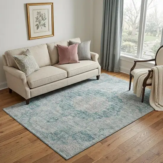 Teal And Silver Oriental Washable Area Rug With UV Protection Photo 1
