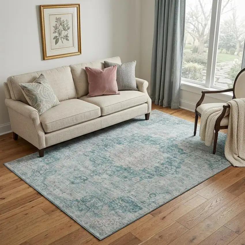 Teal And Silver Oriental Washable Area Rug With UV Protection Photo 1