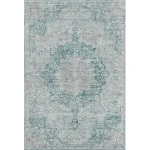 Photo of Teal And Silver Oriental Washable Area Rug With UV Protection