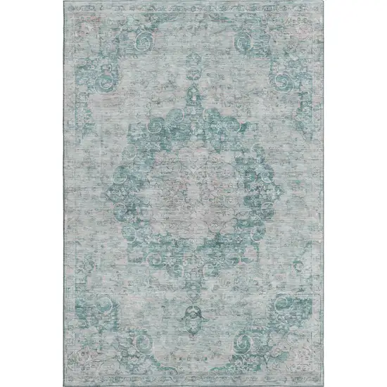 Teal And Silver Oriental Washable Area Rug With UV Protection Photo 1