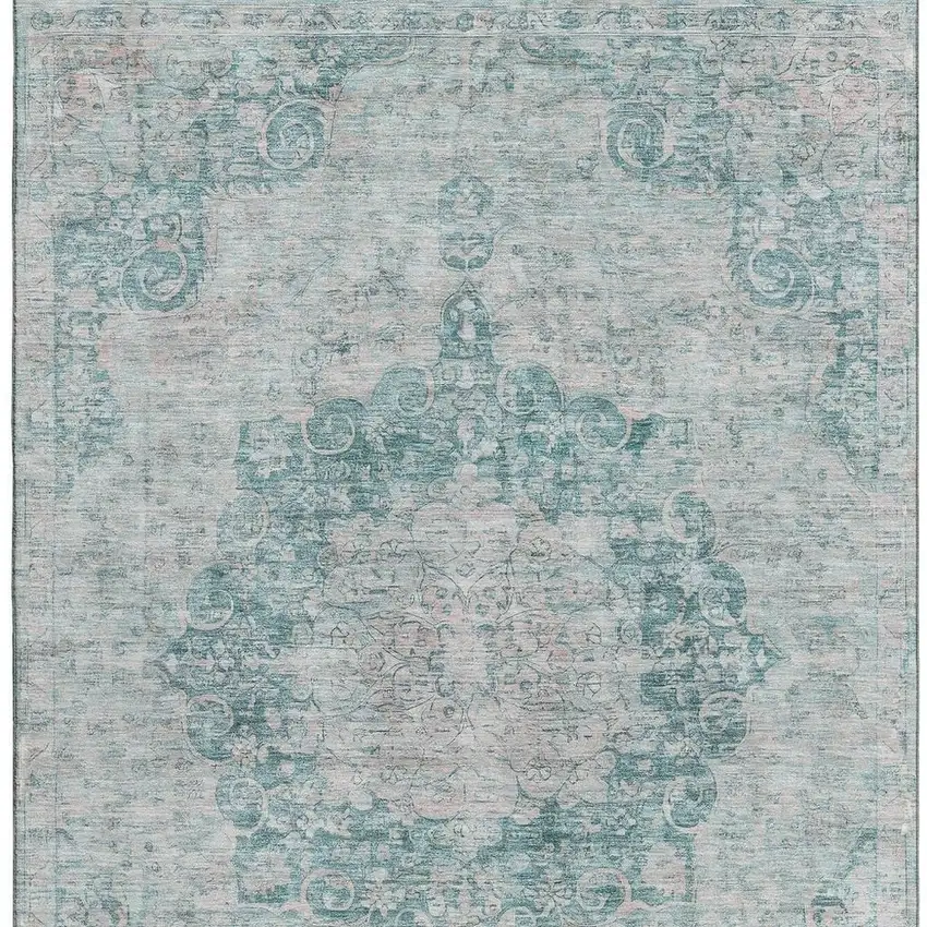 Teal And Silver Oriental Washable Area Rug With UV Protection Photo 3