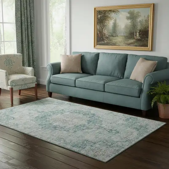 Teal And Silver Oriental Washable Area Rug With UV Protection Photo 2
