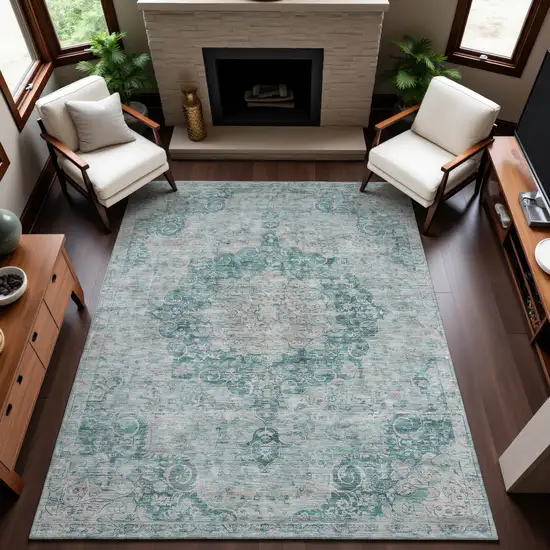 Teal And Silver Oriental Washable Area Rug With UV Protection Photo 5