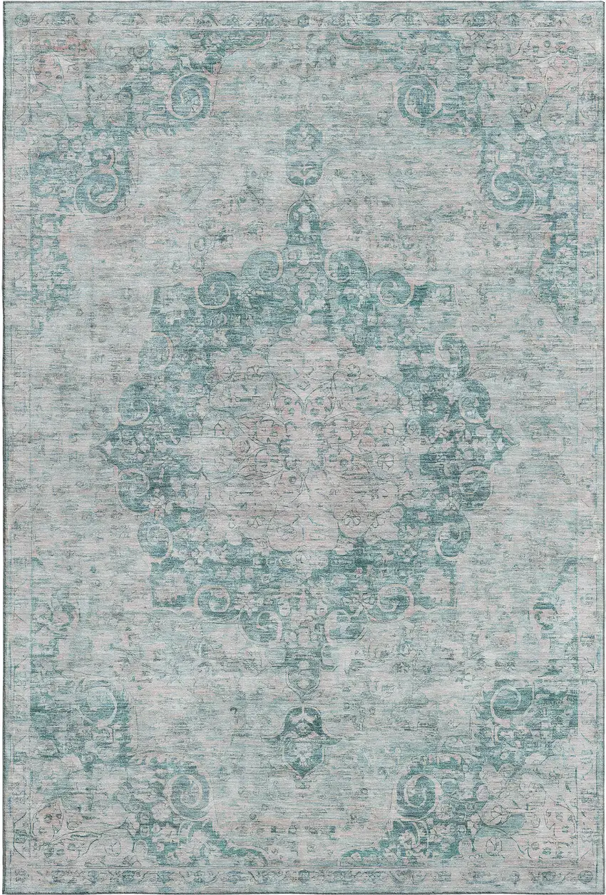 Teal And Silver Oriental Washable Area Rug With UV Protection Photo 1