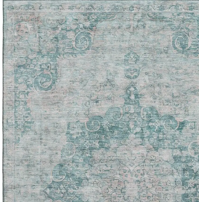 Teal And Silver Oriental Washable Area Rug With UV Protection Photo 2
