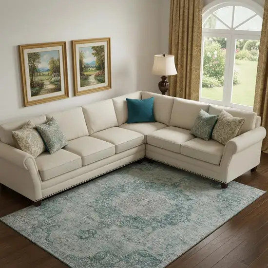 Teal And Silver Oriental Washable Area Rug With UV Protection Photo 2