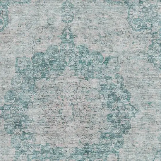 Teal And Silver Oriental Washable Area Rug With UV Protection Photo 2