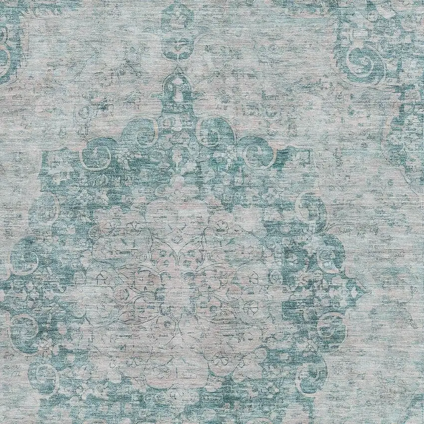 Teal And Silver Oriental Washable Area Rug With UV Protection Photo 2