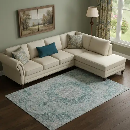 Teal And Silver Oriental Washable Area Rug With UV Protection Photo 2