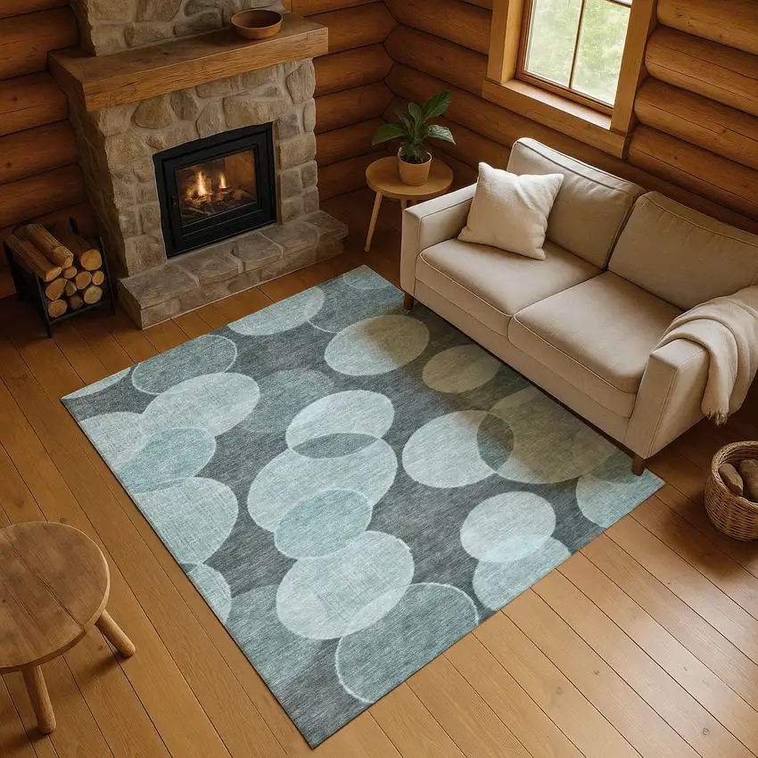 Teal And Sky Blue Geometric Washable Area Rug With UV Protection Photo 4