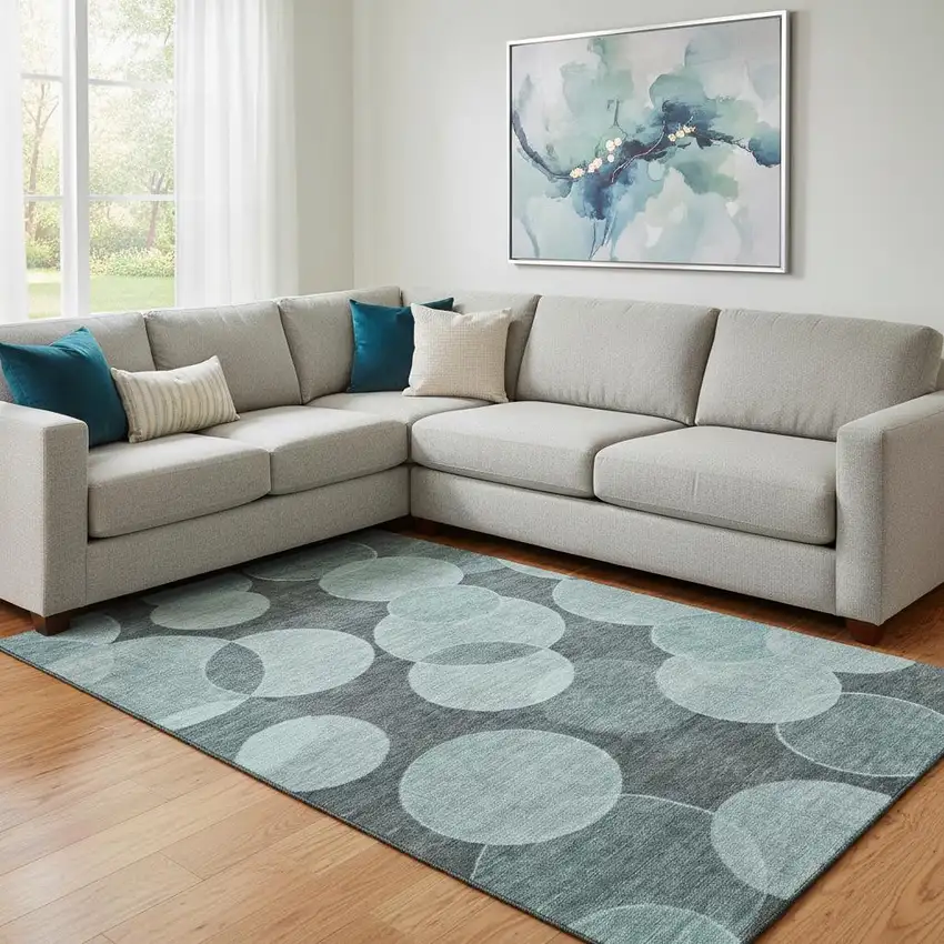 Teal And Sky Blue Geometric Washable Area Rug With UV Protection Photo 2