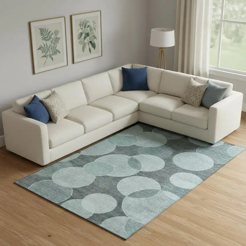 Teal And Sky Blue Geometric Washable Area Rug With UV Protection Photo 2