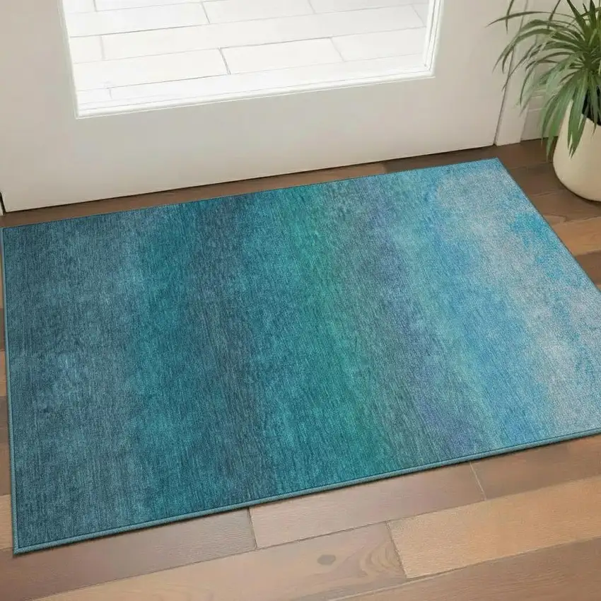 Teal And Sky Blue Ombre Washable Area Rug With UV Protection Photo 2