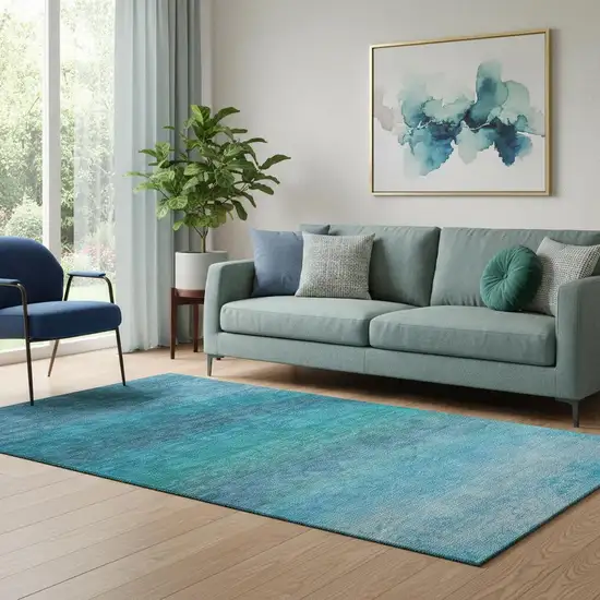 Teal And Sky Blue Ombre Washable Area Rug With UV Protection Photo 2