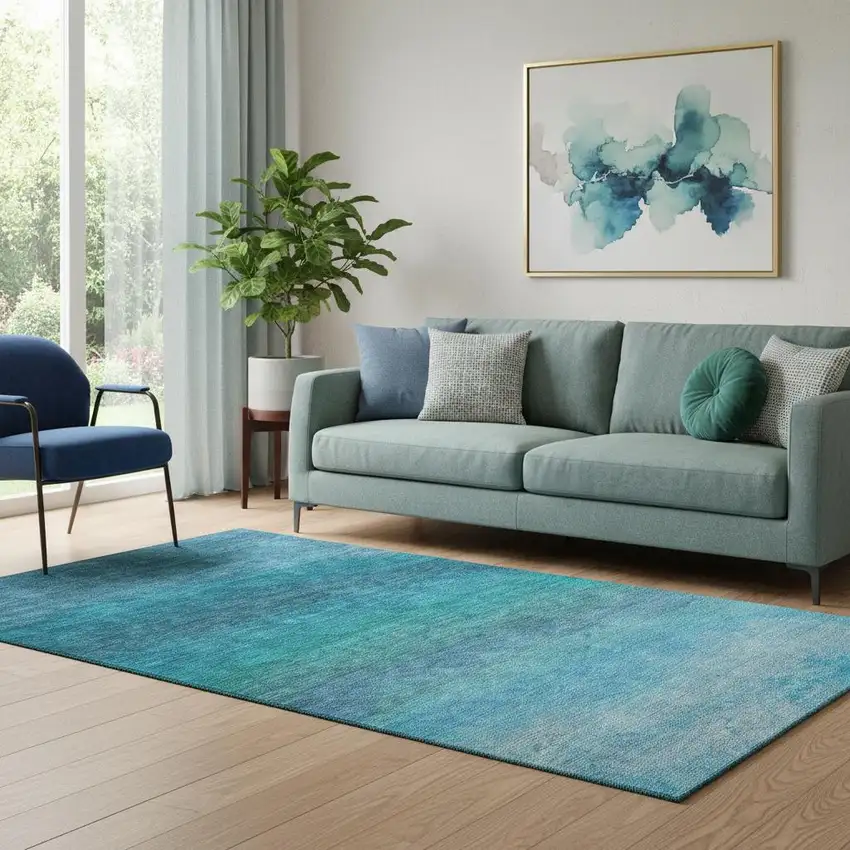Teal And Sky Blue Ombre Washable Area Rug With UV Protection Photo 2