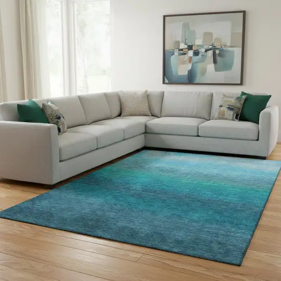 Teal And Sky Blue Ombre Washable Area Rug With UV Protection Photo 2