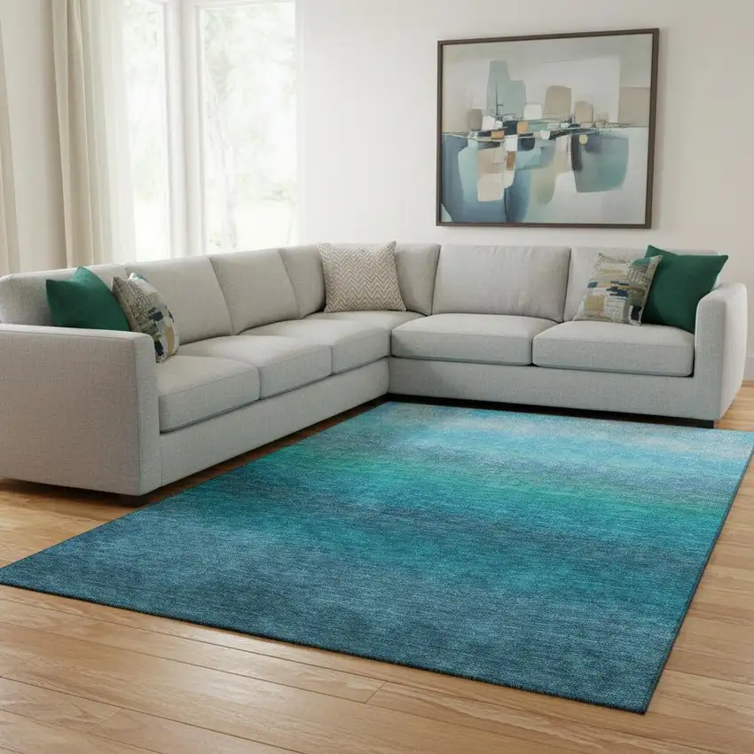 Teal And Sky Blue Ombre Washable Area Rug With UV Protection Photo 2
