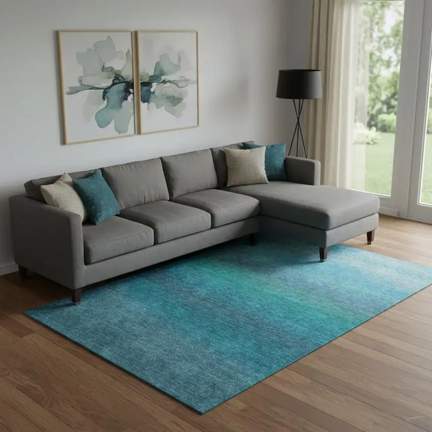 Teal And Sky Blue Ombre Washable Area Rug With UV Protection Photo 2