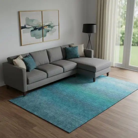 Teal And Sky Blue Ombre Washable Area Rug With UV Protection Photo 2