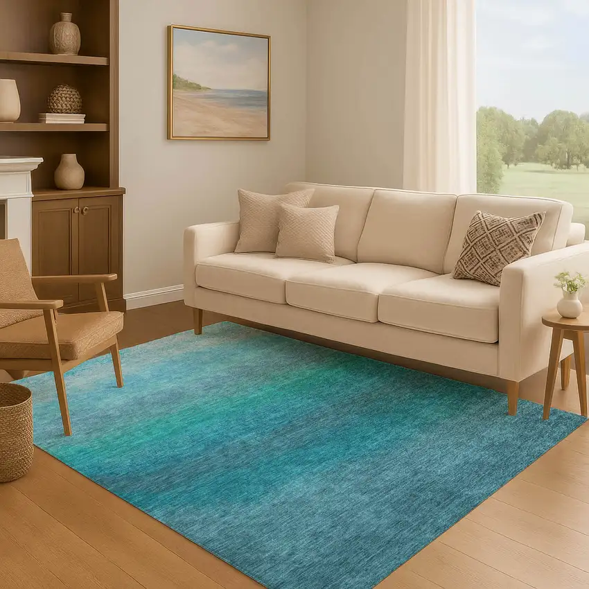 Teal And Sky Blue Ombre Washable Area Rug With UV Protection Photo 6
