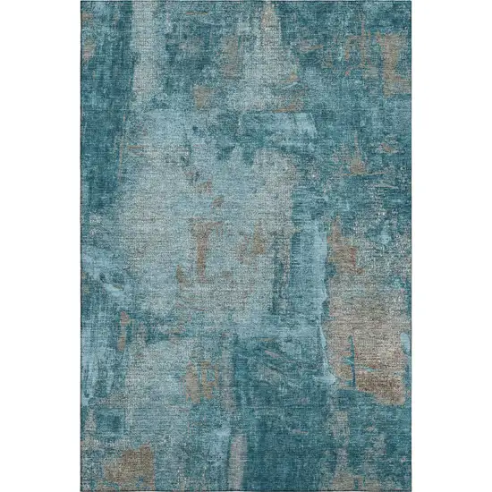 Teal And Taupe Abstract Washable Area Rug With UV Protection Photo 1