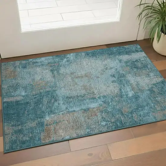 Teal And Taupe Abstract Washable Area Rug With UV Protection Photo 2