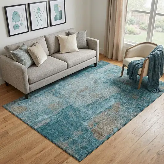 Teal And Taupe Abstract Washable Area Rug With UV Protection Photo 1