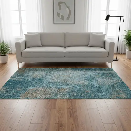 Teal And Taupe Abstract Washable Area Rug With UV Protection Photo 2