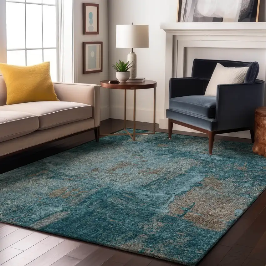 Teal And Taupe Abstract Washable Area Rug With UV Protection Photo 4