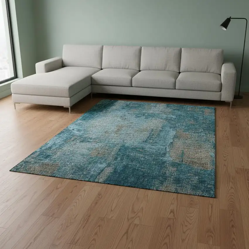 Teal And Taupe Abstract Washable Area Rug With UV Protection Photo 2