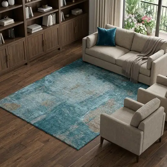 Teal And Taupe Abstract Washable Area Rug With UV Protection Photo 1