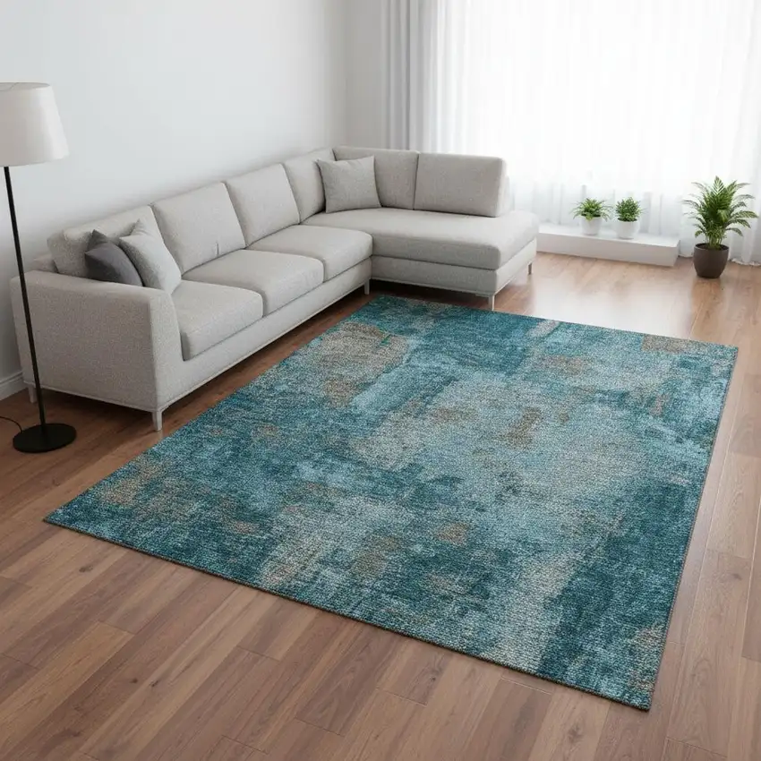 Teal And Taupe Abstract Washable Area Rug With UV Protection Photo 2