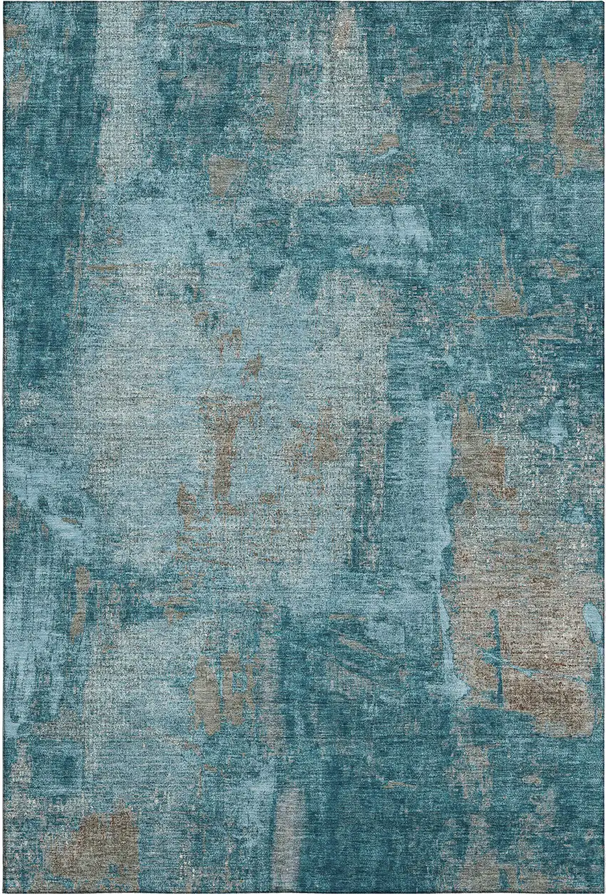 Teal And Taupe Abstract Washable Area Rug With UV Protection Photo 1