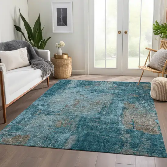 Teal And Taupe Abstract Washable Area Rug With UV Protection Photo 5