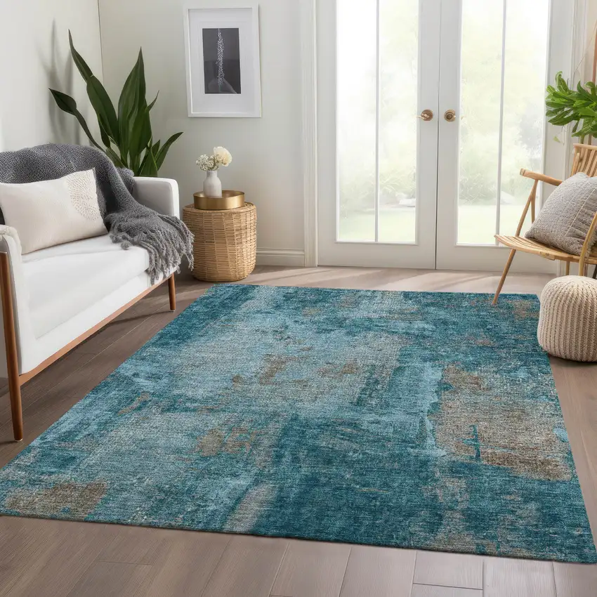 Teal And Taupe Abstract Washable Area Rug With UV Protection Photo 5